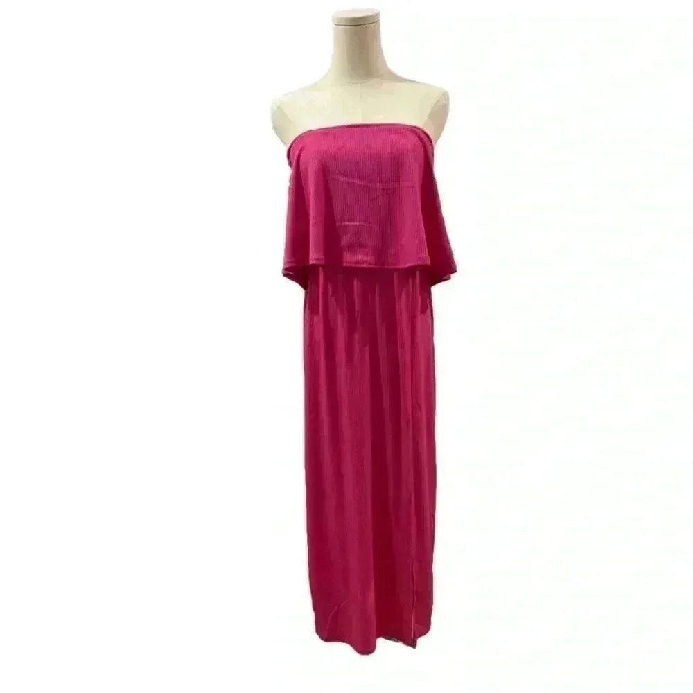 See You Monday Strapless Bright Pink Side Slit Ribbed Size Large NWT